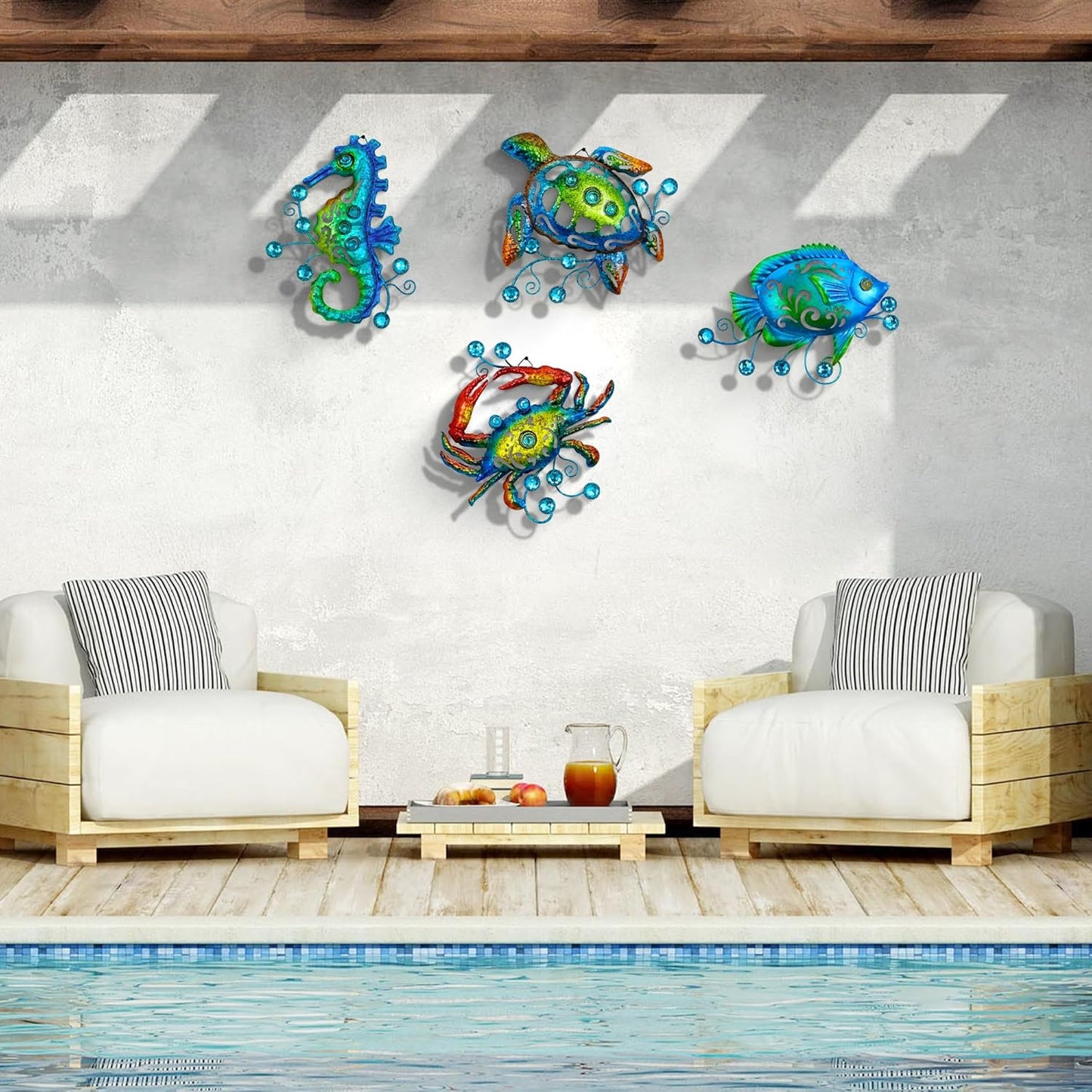 Metal Ocean Beach Theme Wall Decor Art, Set of 4 Sea Turtle Seahorse Crab Tropical Fish Indoor Bathroom Décor, 11 Inch Deep Blue Sea Wall Christmas Decoration, Metal Outdoor Yard Art Decorations