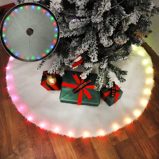 35 Inch Faux Fur Christmas Tree Skirt with Lights Soft Snow White Plush Tree Mat Christmas Decorations Fluffy Tree Skirts Xmas Holiday Party Indoor Decorations