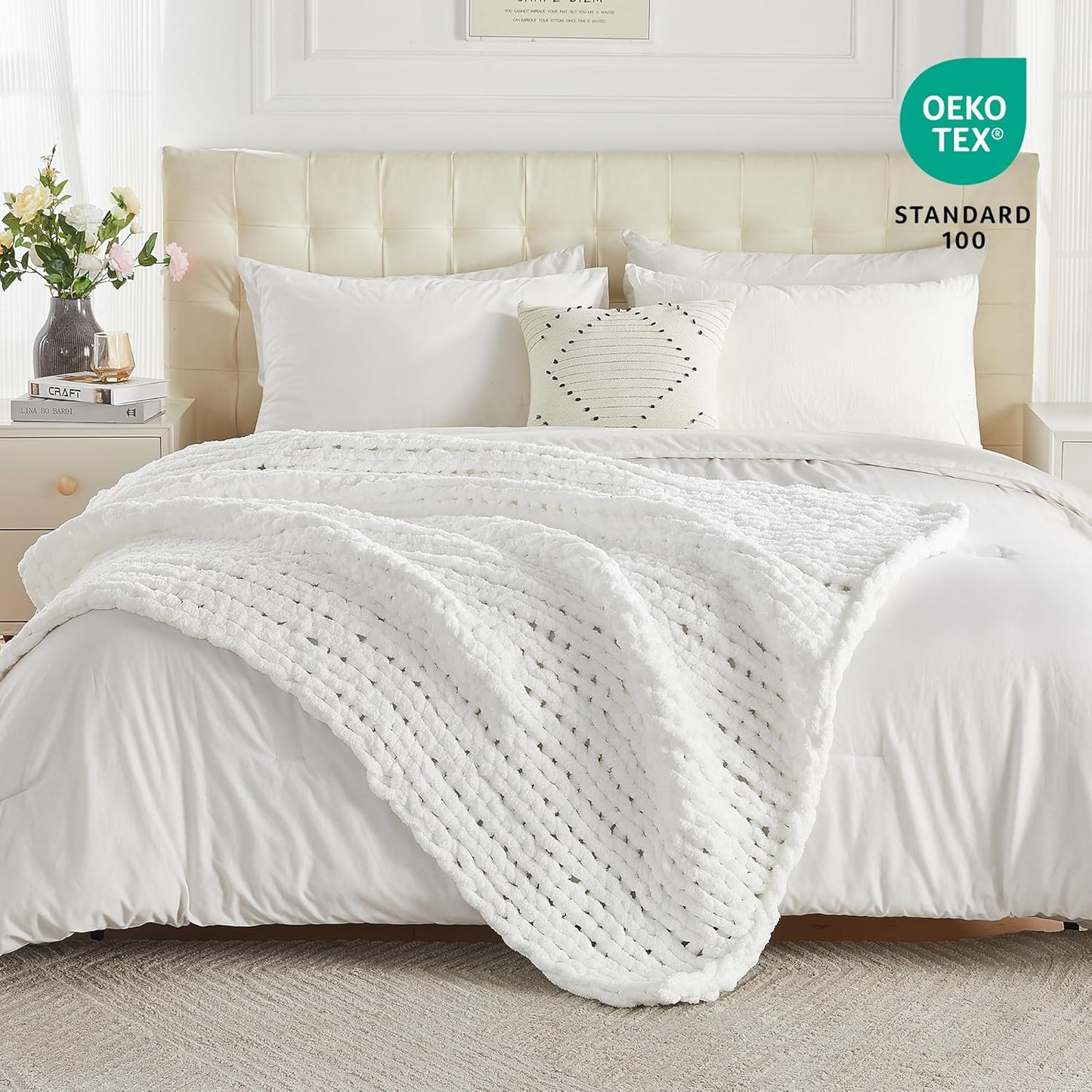 Carriediosa Chunky Knit Throw Blanket 50" X 60", 100% Hand Made Large Chenille Loop Yarn Soft Fluffy Throws for Couch Sofa Bed, Big Crochet Cozy Heavy Thick Cable Woven Blankets, Snow White