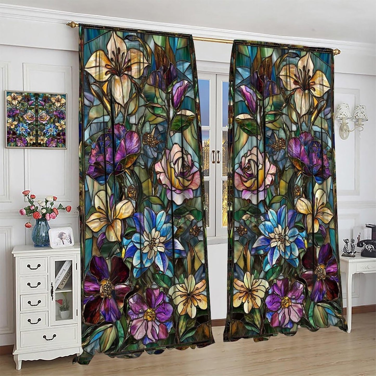 Stained Glass Curtains,Retro Colored Glass Flowers Art Home Decor Drapes for Bedroom Living Room Kitchen Window Treatment 2 Panels Set Total Size 84" W X 84" L Inch