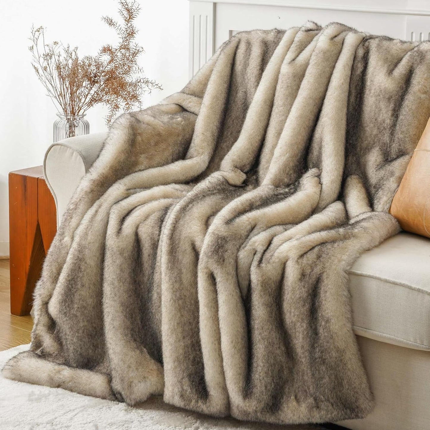 BATTILO HOME Luxury Fluffy Faux Fur Throw Blanket, Cozy Soft Warm Fur Blanket for Couch, Sofa, Chair, Bed, Plush Fuzzy Fur Throws with Long Pile & Brushed Tips, 50"x60"
