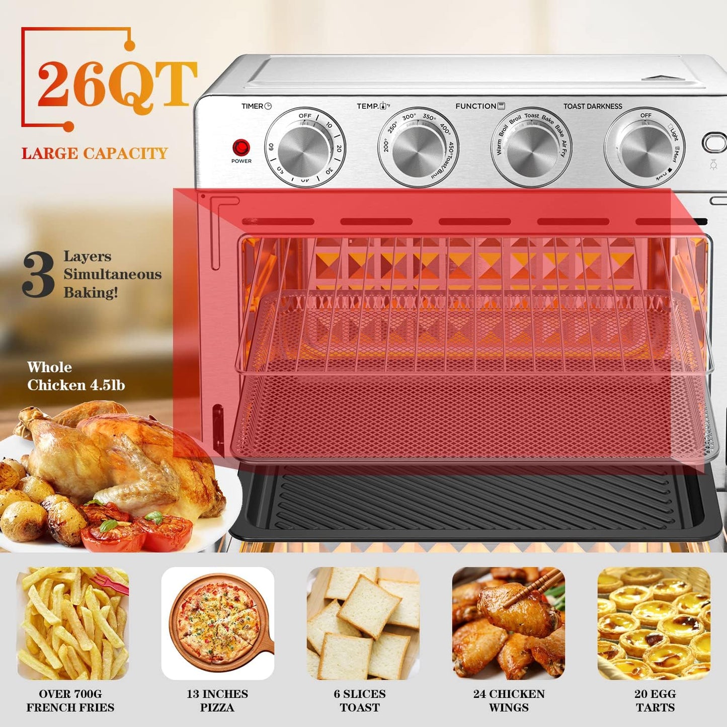 Geek Chef 26 QT Air Fryer Oven, Big Air Fryer, Toast Oven with Bake, Roast, Pizza, Easy to Use & Clean, 6 Slice Toast, Stainless Steel