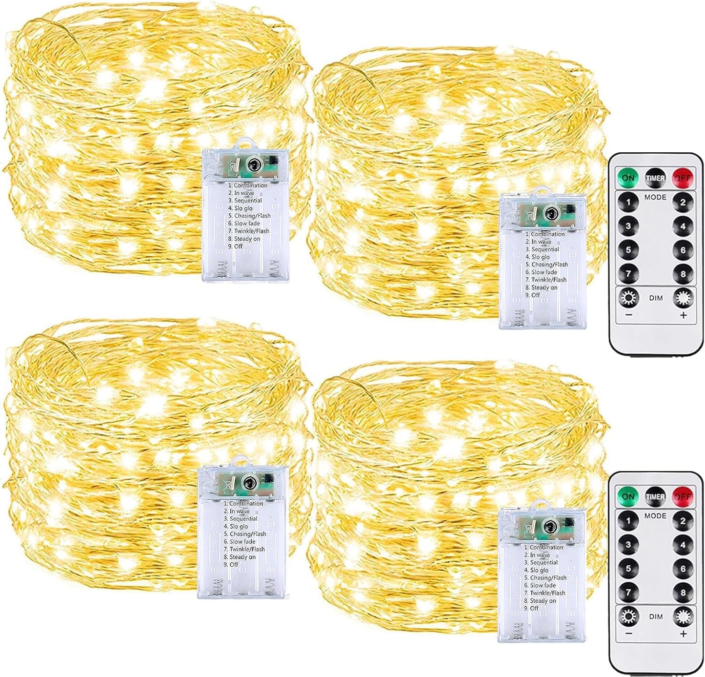 4 Pack 60LED Battery Operated Fairy Lights with Remote, 8 Modes LED String Lights with Timer, Dimmable, Memory Function, Waterproof Twinkle Fairy Lights for Outdoor Indoor Christmas Decor(Warm White)