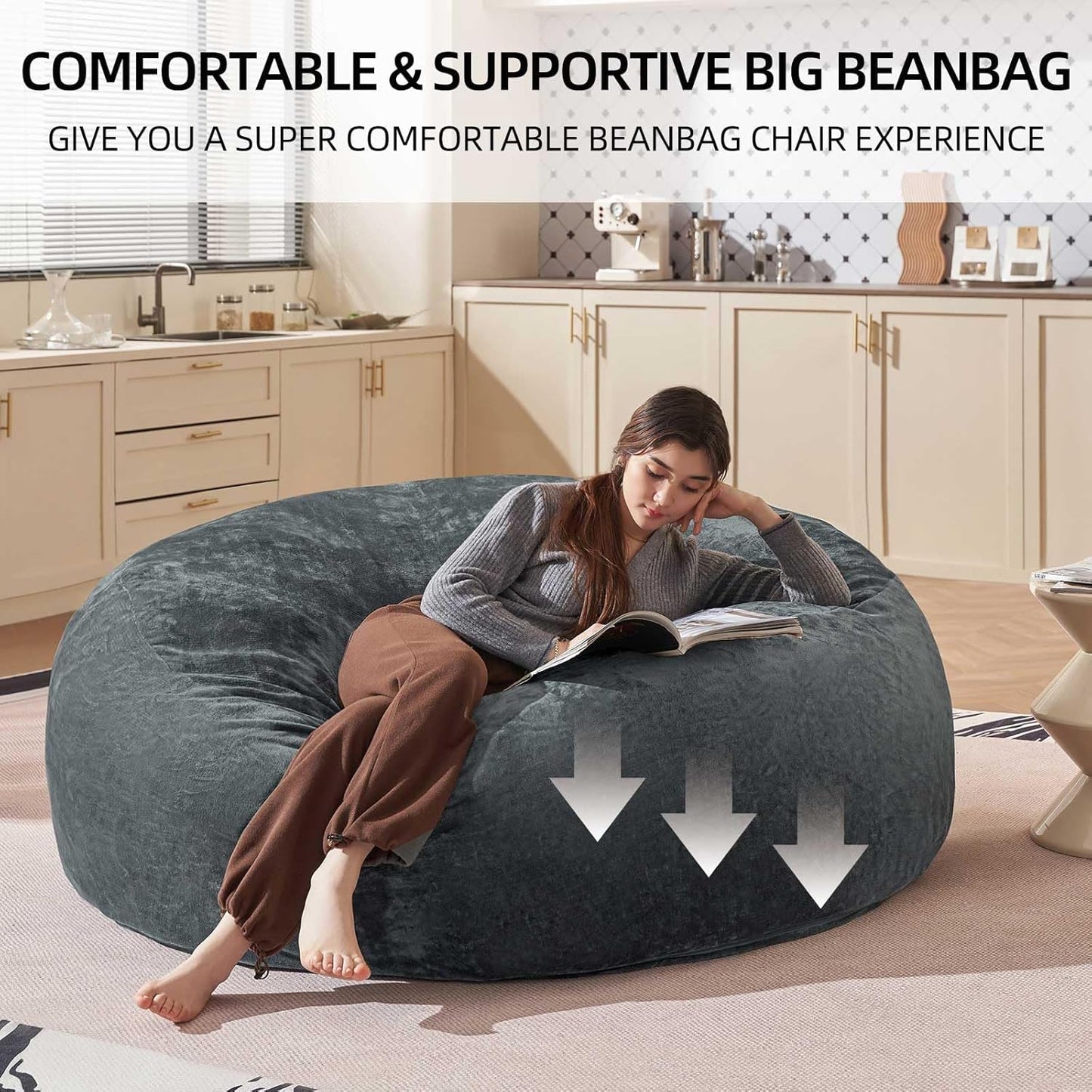 Bean Bag Chair 5Ft, Memory Foam Filled, Large Beanbag Chairs for Adults and Teens, Soft Sofa with Removable Flannel Cover, Round Couch for Living Room Bedroom College Dorm (Dark Gray, 5FT-60×60"×24")