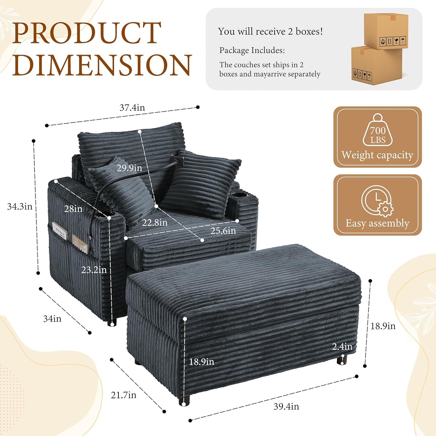 Accent Chair with Storage Ottoman Upholstered Living Room Chairs for Reading Chair with Chaise Lounge Chairs Indoor, Comfortable Armchair for Bedroom