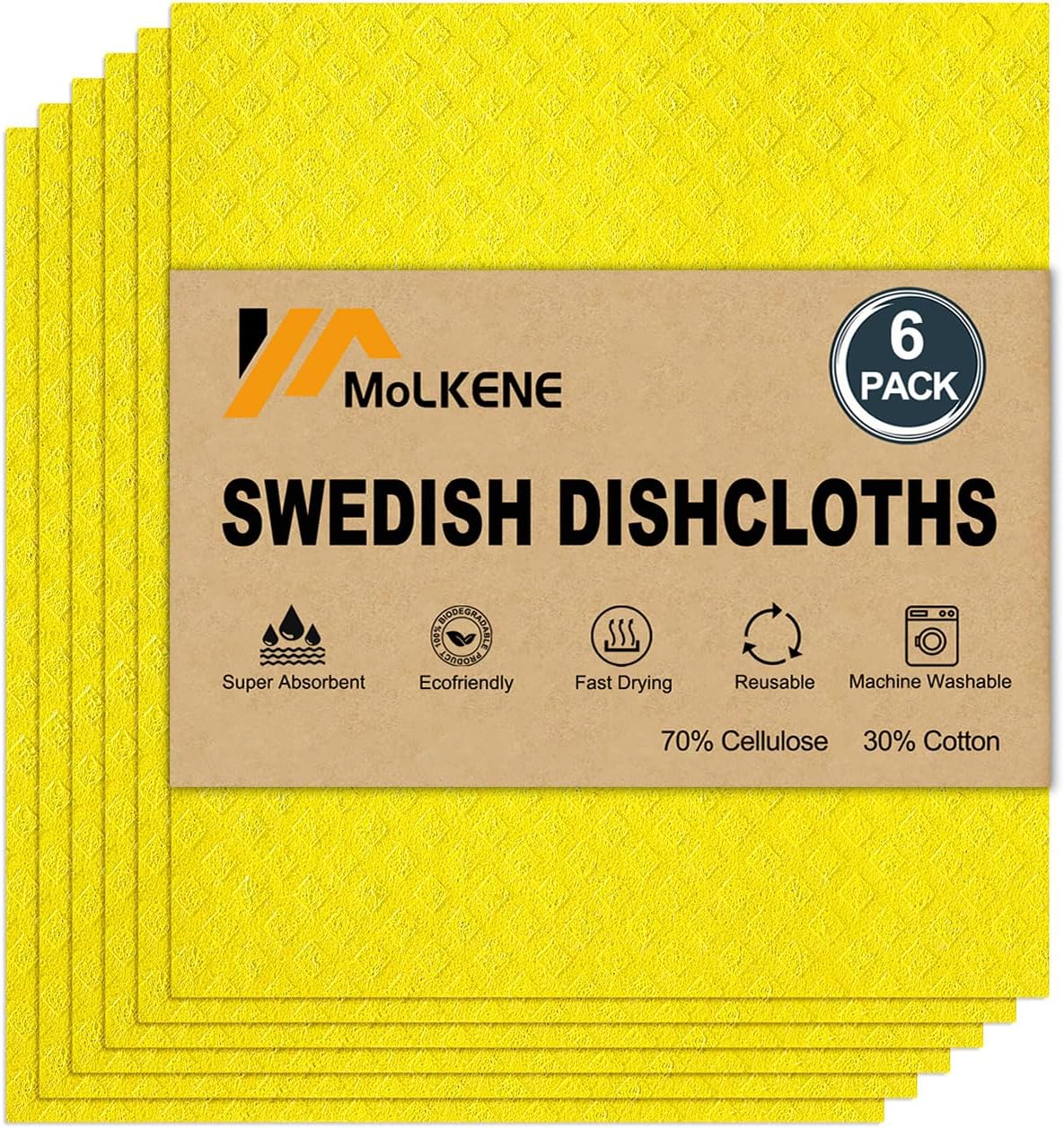 Swedish Dishcloths for Kitchen | 6 Pack Absorbent Cellulose Sponge Cloths Washable | Non-Scratch Reusable Paper Towels Quick Drying Cleaning Cloths - Yellow