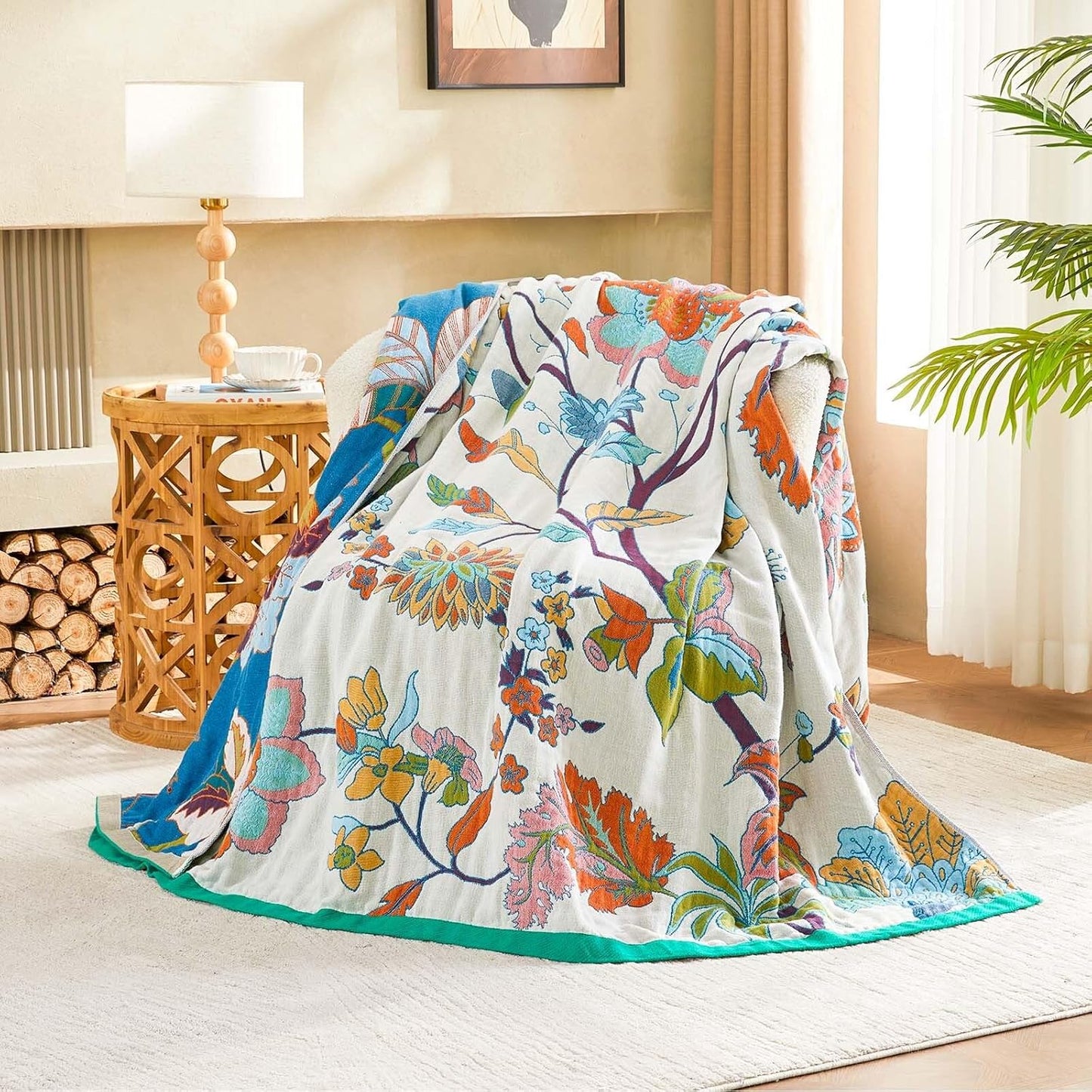 Summer Throw Blanket, 50"x60" Reversible Bohemian Flower Blanket, 100% Cotton Muslin Breathable Woven, Farmhouse Decorative Throw Blanket