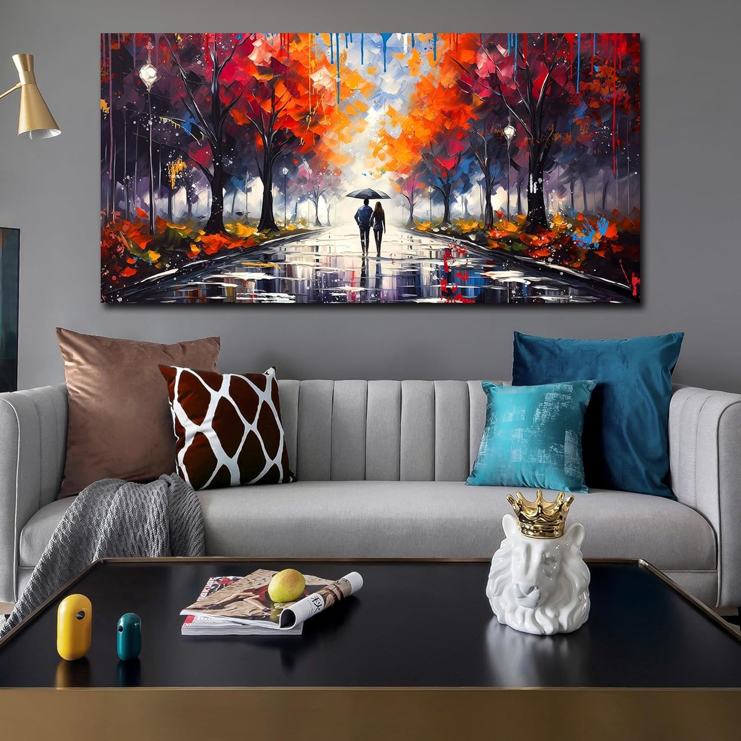 Large Canvas Wall Art for Living Room Bedroom Couple Walking in the Rain Picture Graffiti Red Tree Canvas Prints Framed Home Decor Size 30x60
