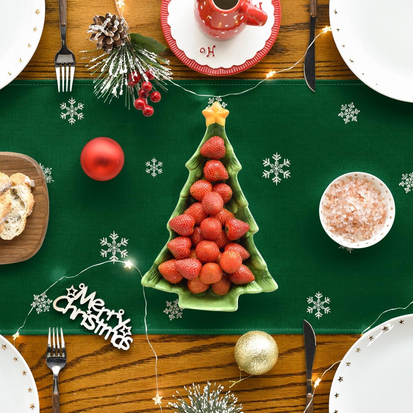 Artoid Mode Xmas Trees Snowflakes Green Merry Christmas Table Runner, Winter Seasonal Kitchen Dining Table Decoration for Home Party Decor 13x72 Inch