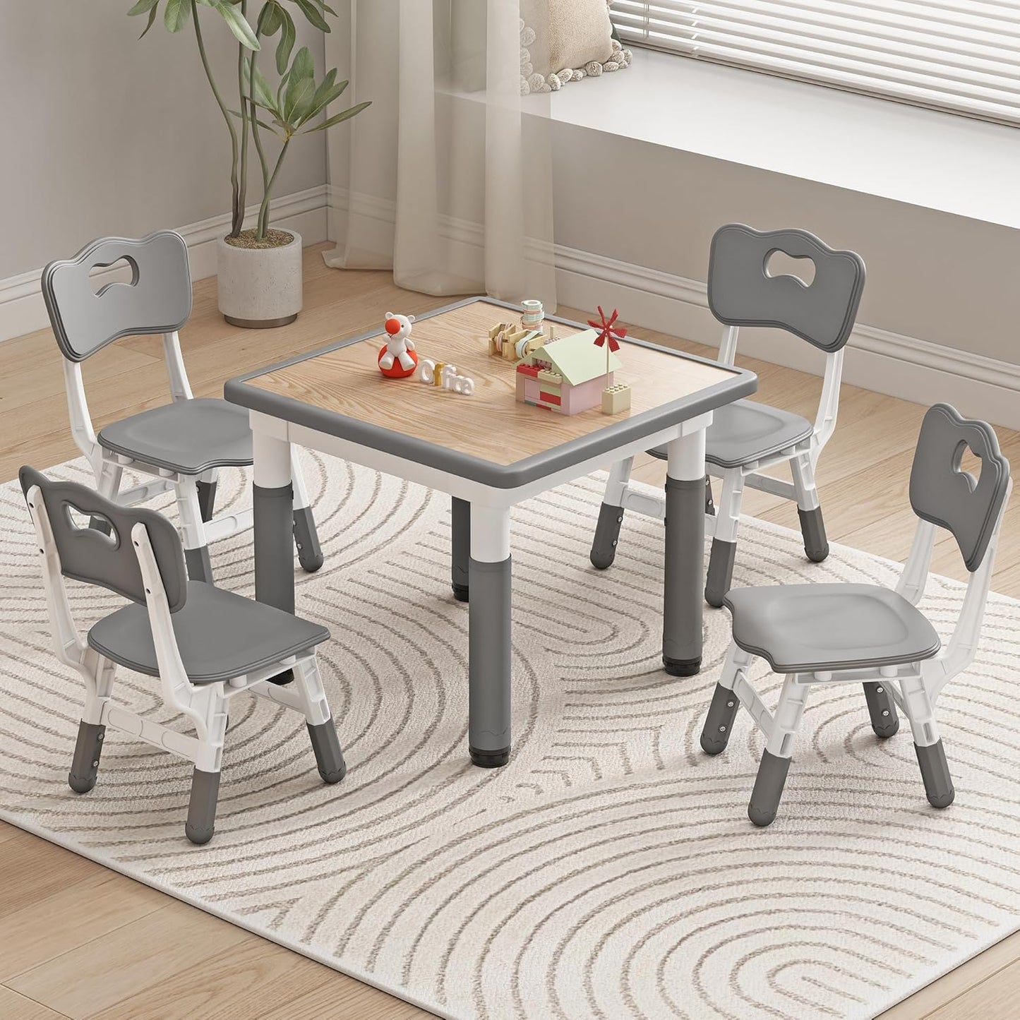Kid Table and Chairs, Height Adjustable Childrens Table and Chair Set, Kids Tables for Age 2-8, Graffiti Desktop, Table for Kids with 4 Seats, Small Kids Table, Max 300lbs