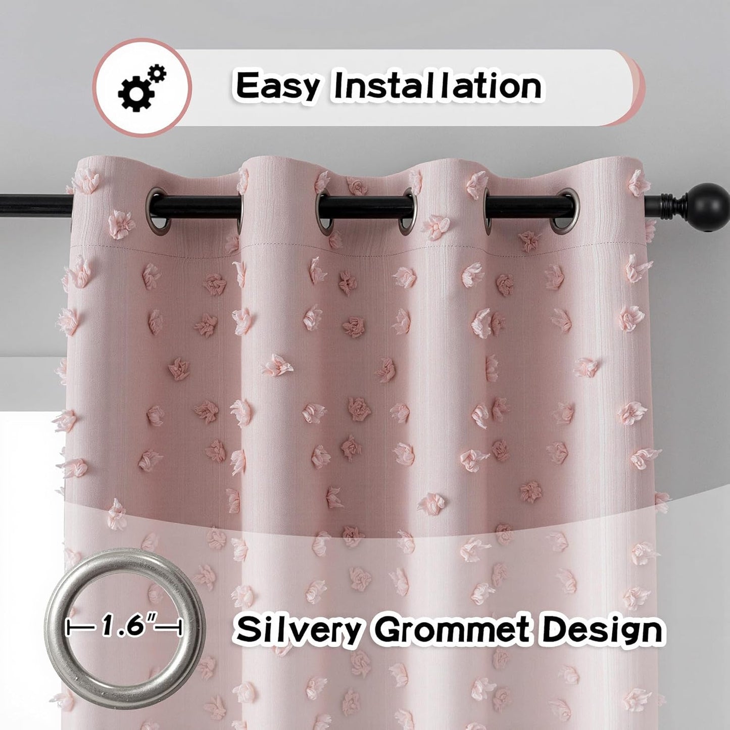 MYSKY HOME 100% Blackout Curtains for Girls Bedroom 95 Inch Long Total Room Darkening Curtain for Living Room 2 Panels Grommet Light Blocking Sliding Door Drapes Blush Pink Pom Pom Sheer 52 x 95 Inch