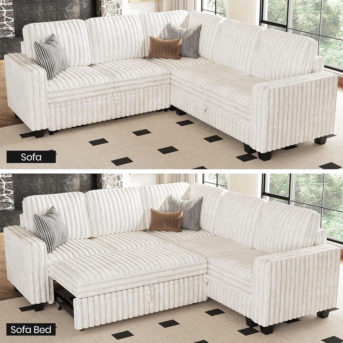 Belffin Plush Corduroy Modular Sectional Sofa with Pull Out Bed Convertible Small Sectional Corner Couch for Living Room White Couch