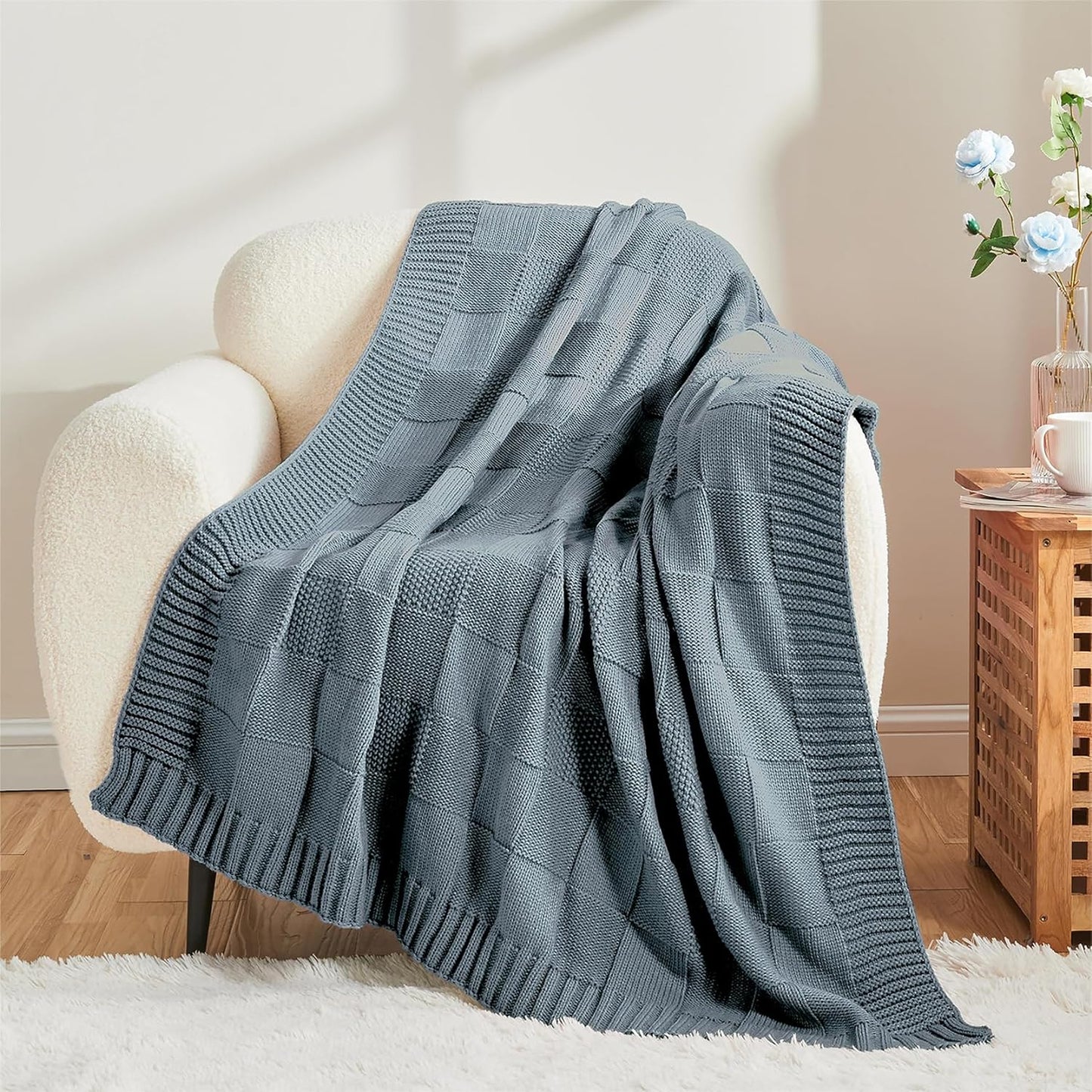 CozeCube Check Knit Throw Blanket, Dusty Blue Checkered Throw for Couch, Decorative Christmas Soft Cozy Warm Knitted Blanket for Bed Sofa Living Room, 50"X60"