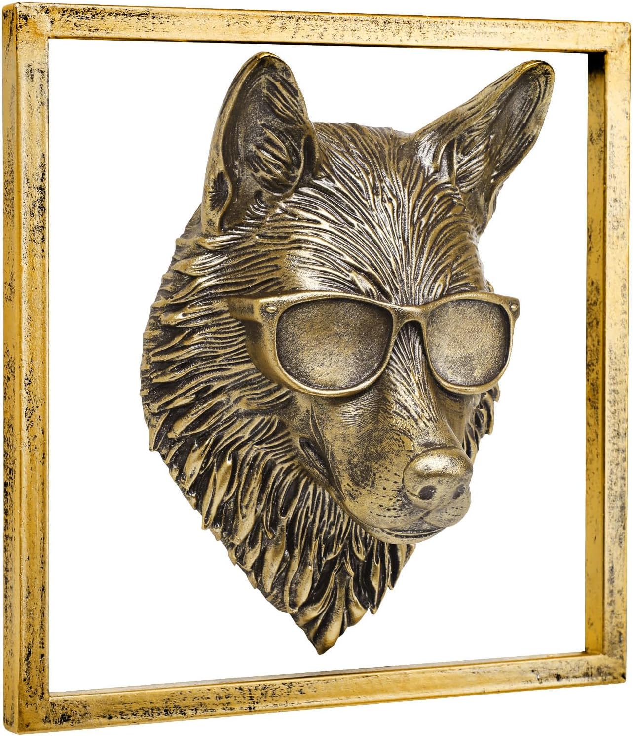 JJALIGHTS Animal Heads Wall Decor (Includes Metal Frame) Resin Animals Sculptures Head Wall Hanging Decoration Imitation Copper vintage Wall Sculpture for Living Room Bedroom Office (Wolf)