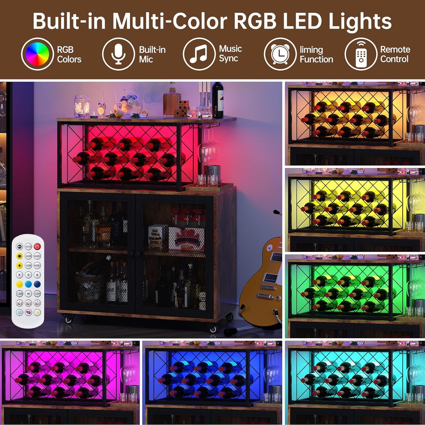 Wine Bar Cabinet with Wheels, 4-Tier Bar Cart with Power Outlets and LED Light, Liquor Cabinet Home Mini Bar with Wine Rack, Coffee Bar Cabinet for Liquor, Rustic Brown