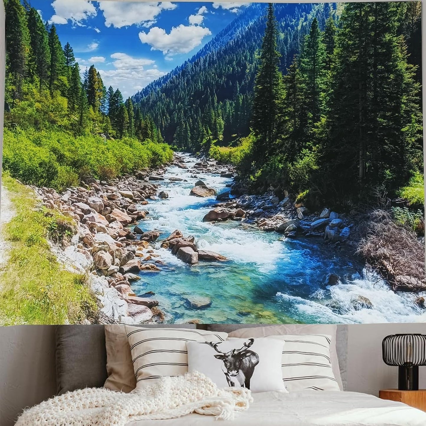 Nature Forest Mountain Tapestry Green Pine Tree Stream Tapestry White Clouds Flowing River Valley Landscape Scenery Tapestries Wall Hanging for Bedroom Dorm Living Room Office Classroom 60 x 40 Inch