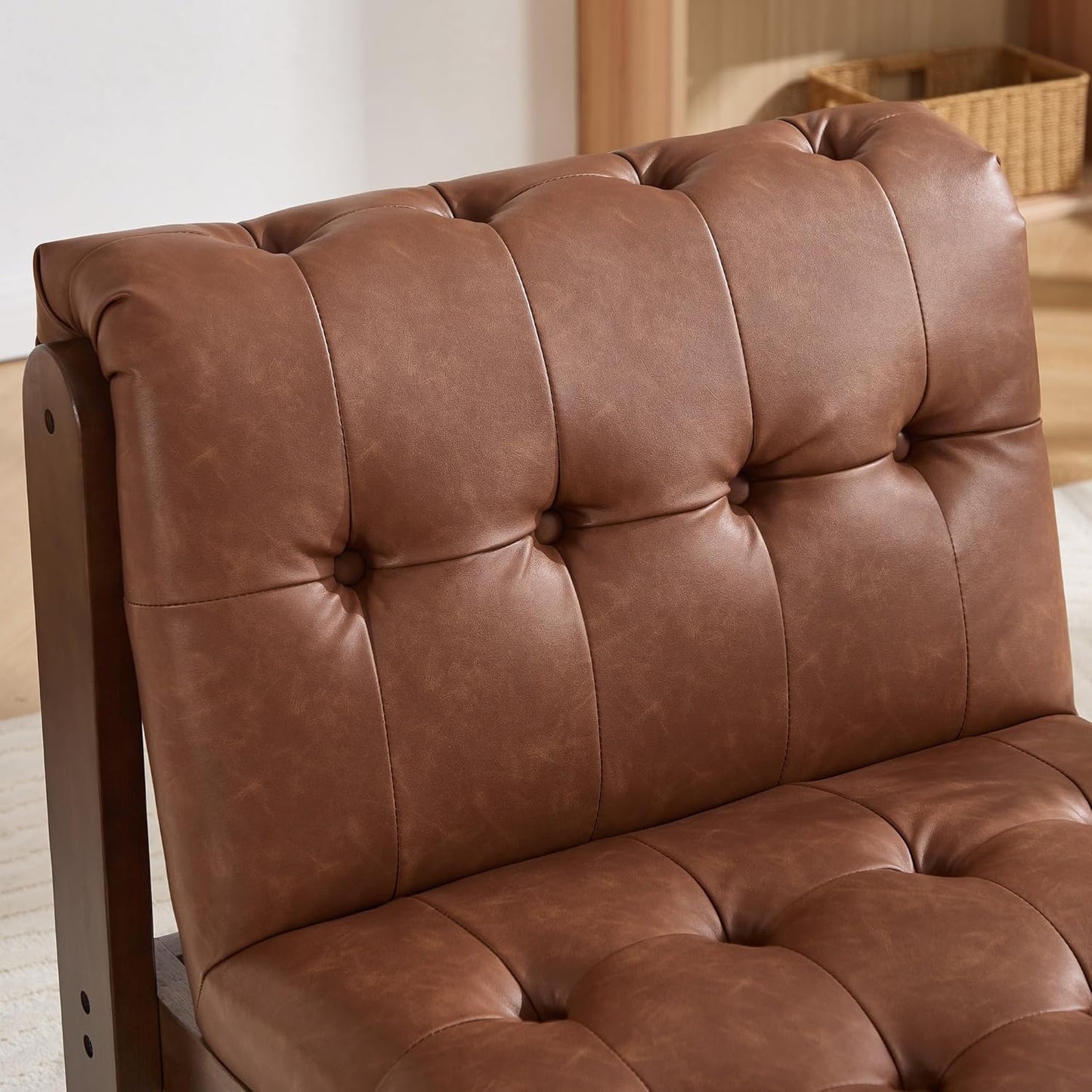 Modern Armless Accent Chair for Living Room, Brown PU Leather Button Tufted Upholstered Lounge Reading Chair with Walnut Wood Frame