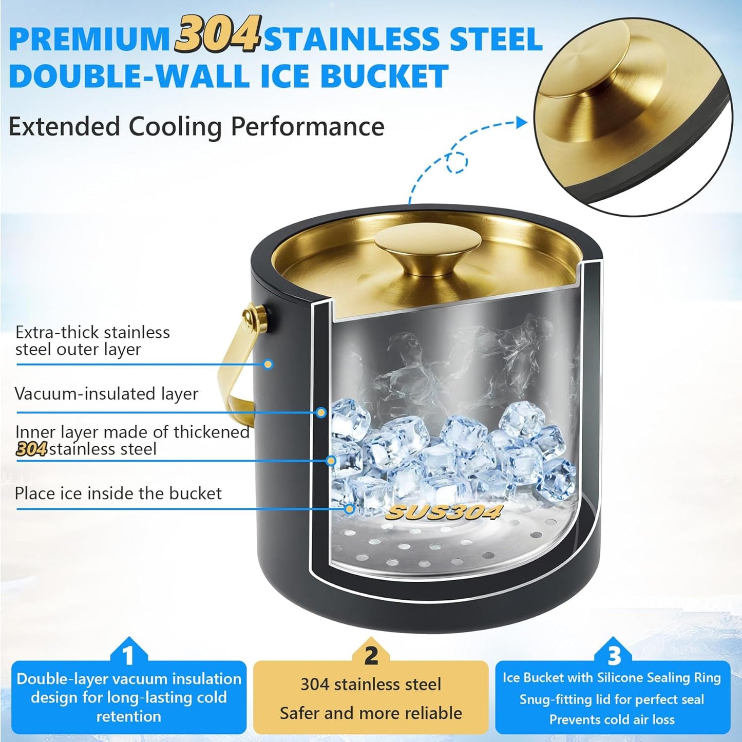 Ice Bucket, Ice Bucket with Silicone Sealing Ring Double-Wall Vacuum Insulation Champagne Buckets with Filter Layer Ice Tongs Ice Scoop (Black-Silver, 3 L)