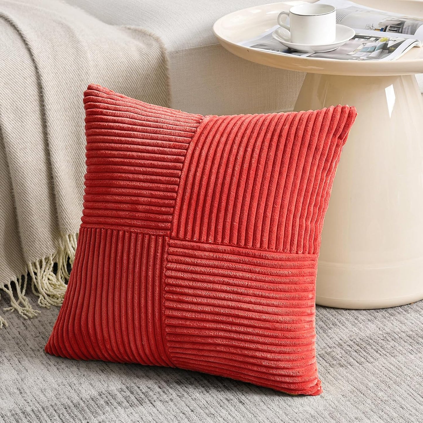 Fancy Homi 2 Packs Red Decorative Throw Pillow Covers 18x18 Inch for Living Room Couch Bed Sofa, Rustic Boho Farmhouse Home Decor, Soft Corss Corduroy Patchwork Textured Square Cushion Case 45x45 cm