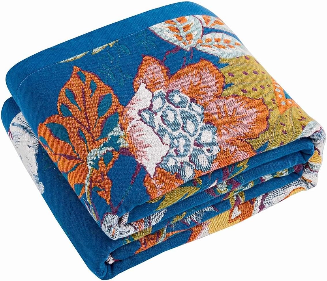 Boho Throw Blanket, Blue Lightweight Blankets for Summer, 100% Cotton Bohemian Decorative Throw Blanket, 60"x80" Reversible Muslin Breathable Woven Farmhouse Blankets Quilt,
