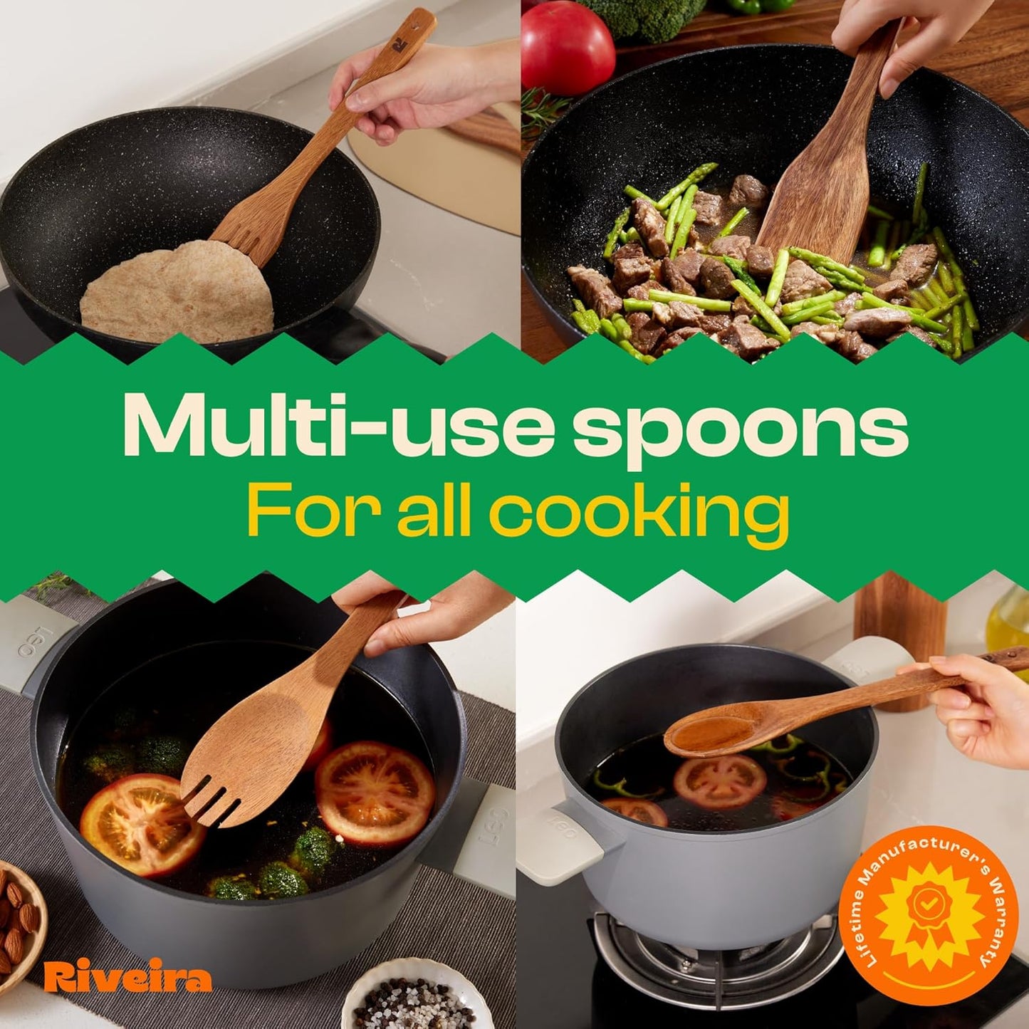 Riveira Walnut Wooden Spoons for Cooking Set of 6 – Natural Walnut Wooden Cooking Utensils, Spatula, Spoon - Premium Quality Utensil Set for Non-Toxic Cooking