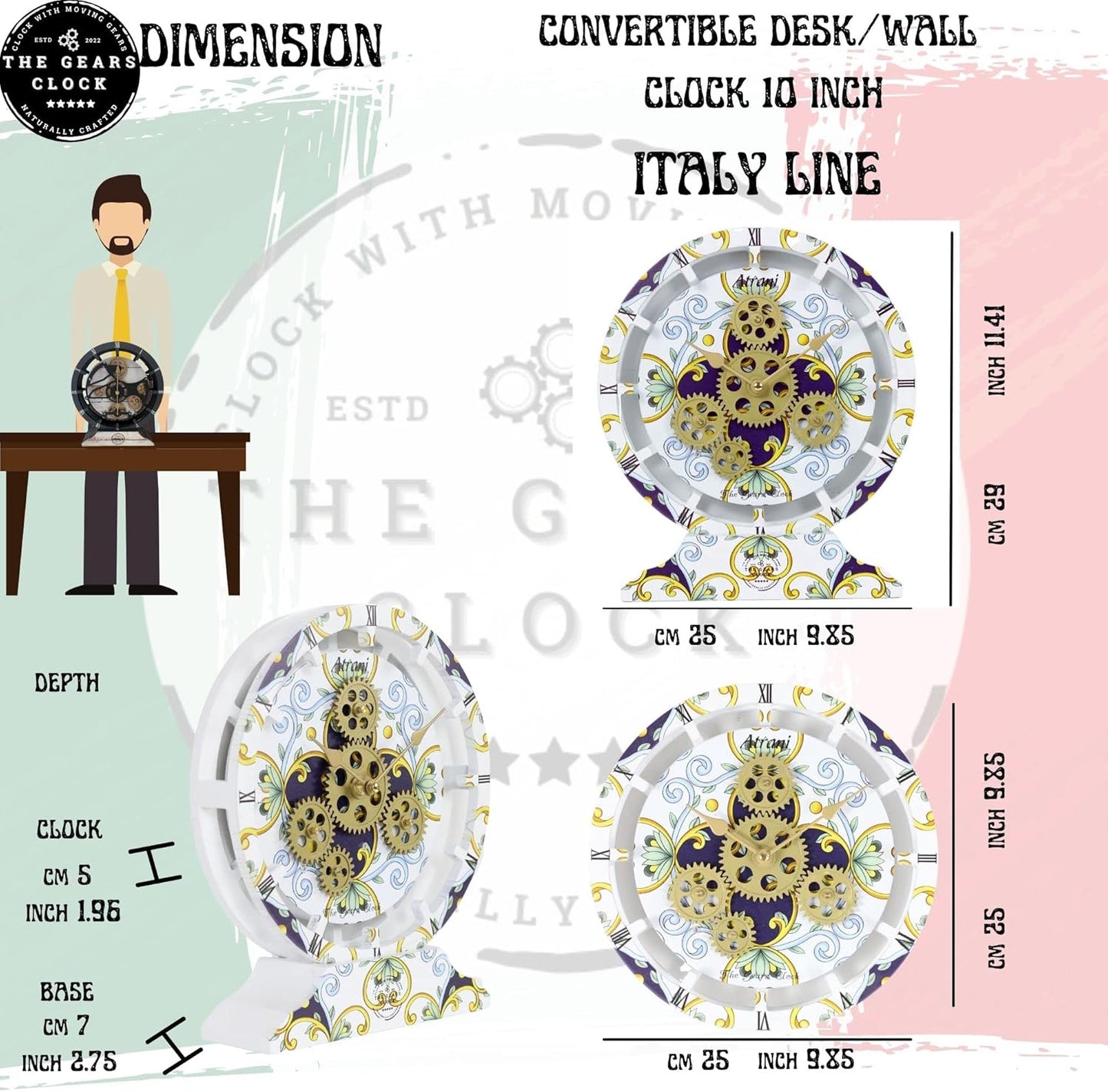 The Gears Clock Wall Clock Italy Collection with Moving Gears (Maiori, 10 inch Round)