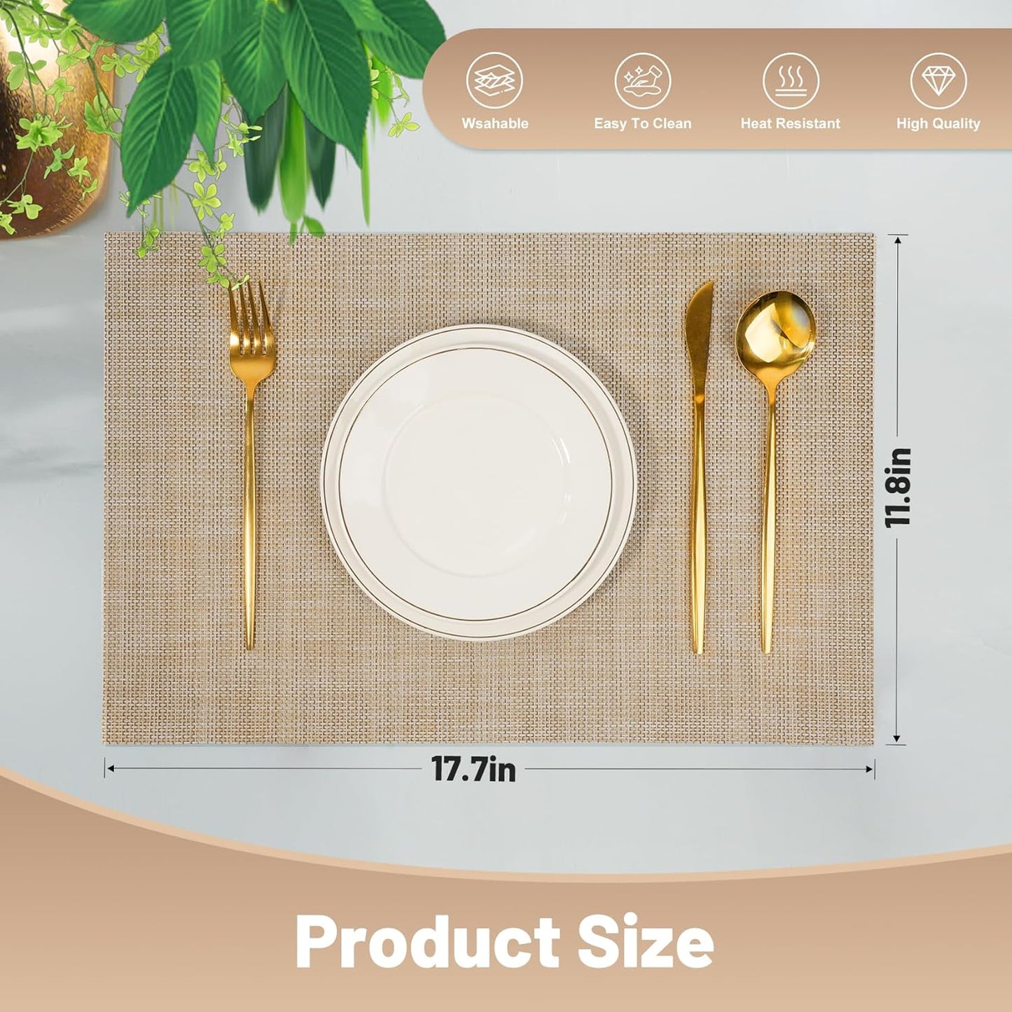 Placemats Set of 8，Non-Slip PVC Weave Table Mats Easy to Clean，Heat Resistant Place Mats for Kitchen Dining Table Decoration Indoor Outdoor，Beige