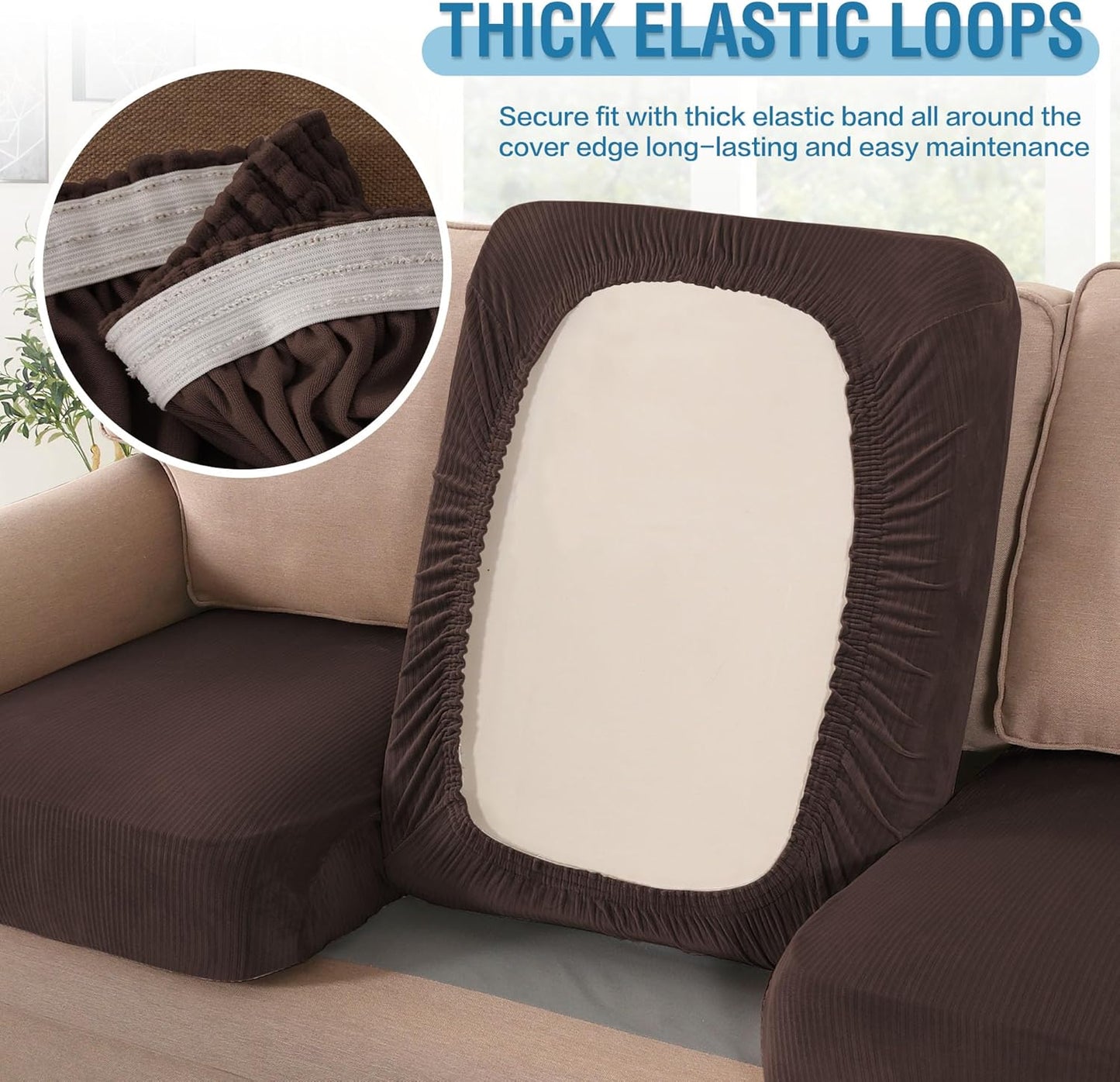 H.VERSAILTEX Velvet Stretch Couch Cushion Cover Plush Cushion Slipcover for Chair Loveseat Sofa Cushion Furniture Protector Seat Cushion Sofa Cover (2 Piece Medium Sofa Cushion Covers, Brown Striped)