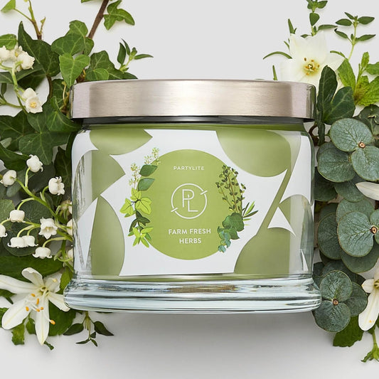 PartyLite Farm Fresh Herbs Scented, Notes of Eucalyptus, Thyme, Garden Mint, Cedarwood & Patchouli, 13.2oz 3-Wick Jar Candle, 45 Hour Burn Time, Luxurious Fragrance, Ideal for Gifting