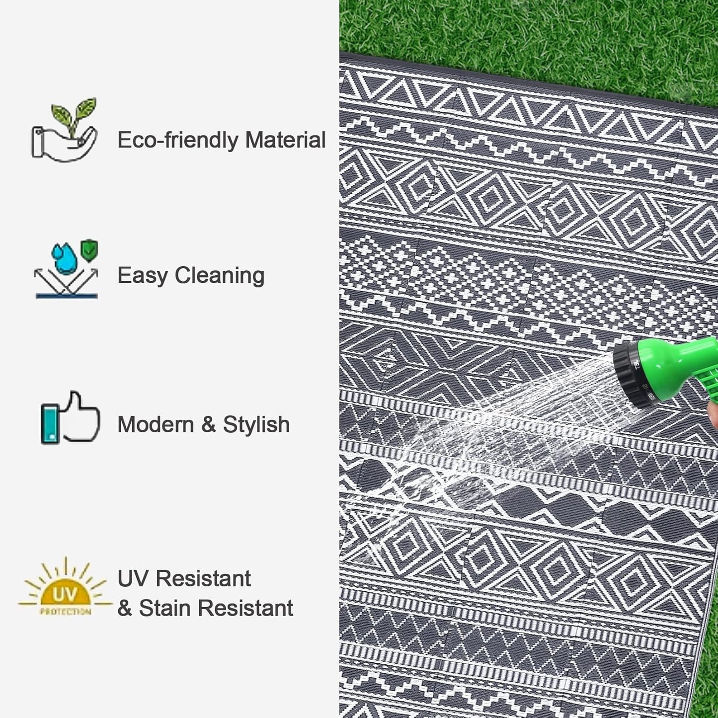 GAOMON Outdoor Rug Waterproof 8'x10', Reversible Outdoor Plastic Straw Rug, Boho Patio Rug, Indoor Outdoor Carpet, RV Mat Outside for Patio, Camp, Picnic, Balcony, Deck, Grey/White(Bohemia)