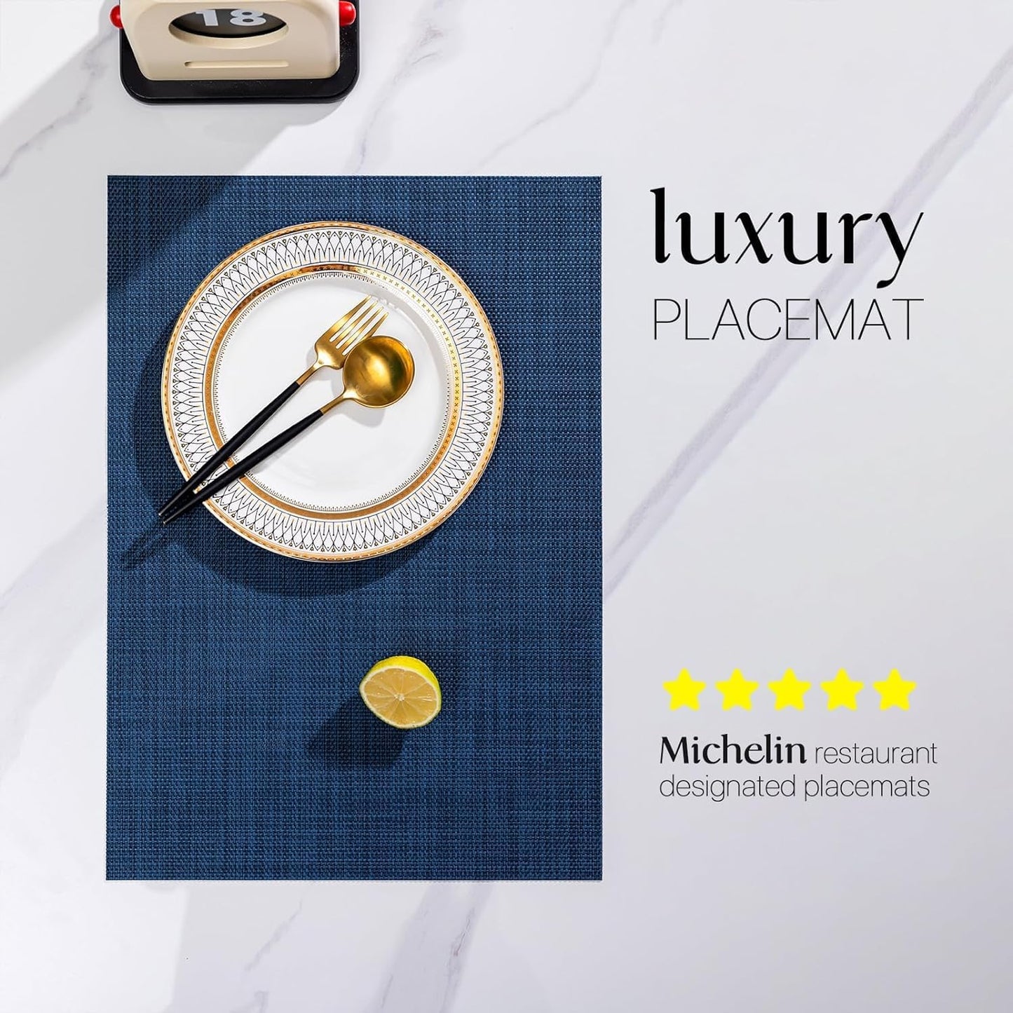 LEXMORE PlaceMats Set of 12 Vinyl/Plastic Woven Place Mats for Kitchen Table Indoor/Outdoor Washable PlaceMats Wipeable Dining Table Mats(Navy Blue)