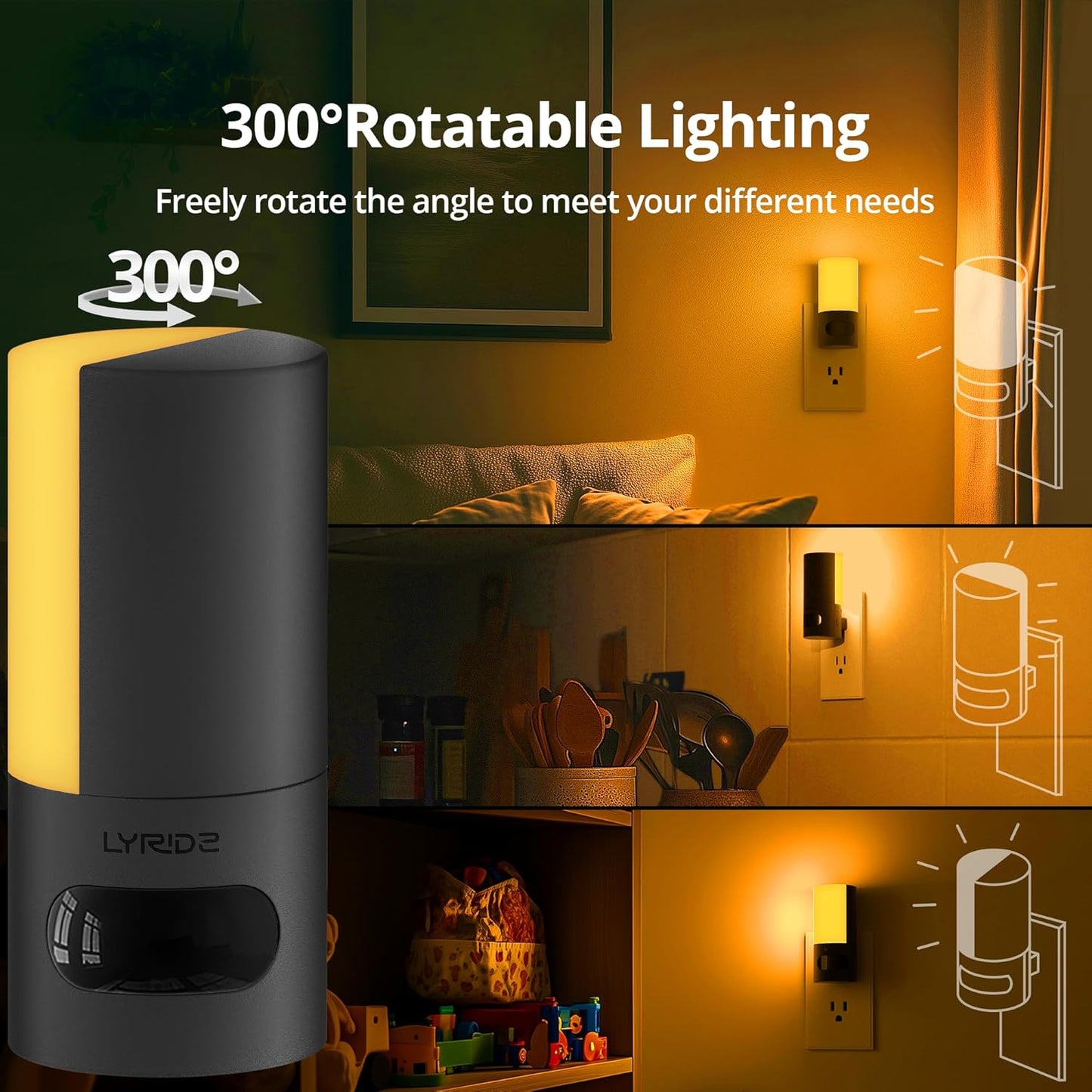 Lyridz Plug-in LED Amber Night Light with Motion Sensor, Rotatable, Dimmable Backlit Nightlight, 1-150lm Adjustable Brightness for Bathroom, Bedroom, Hallway, Stairs, 2 Pack