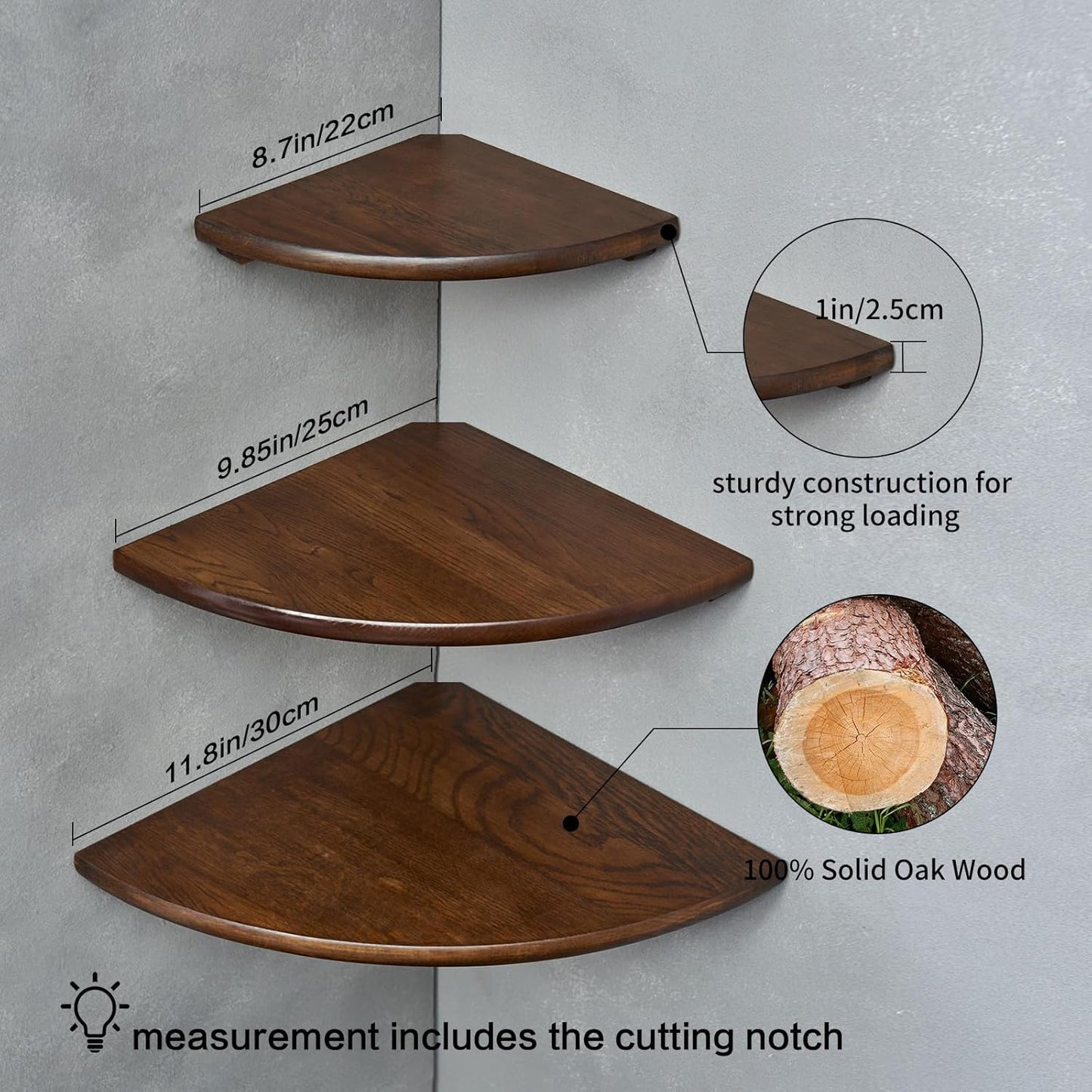 Corner Shelves, Floating Corner Shelf, Set of 3 Solid Oak Wood Corner Wall Shelves, Round End with Wire Hole Shelving for Small Plant for Bedroom Kitchen, Living Room (Size 9/10/12in)