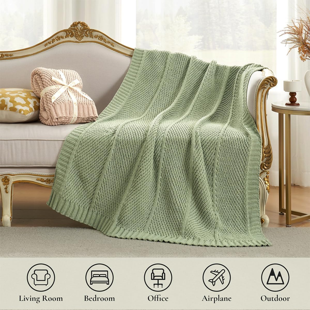 Amélie Home Chenille Knit Throw Blanket for Couch, Chevron Texture Decorative Soft Blanket for Sofa, Bed & Chair, 60"x80", Sage Green