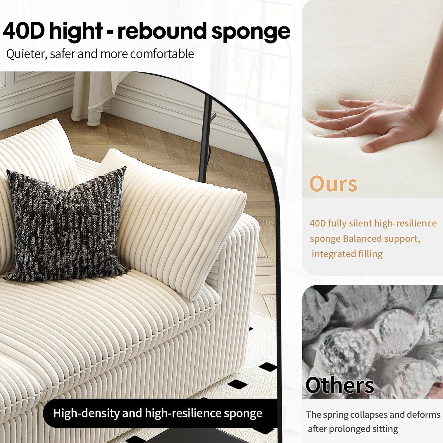 118" Cloud Couch Modular Sectional Sofa for Living Room,Modern Sofa with Deep Seat，L-Shape Boneless Couch with Ottoman,Comfy Upholstered Corduroy Couches for Apartment, Studio, Office,Bedroom，White