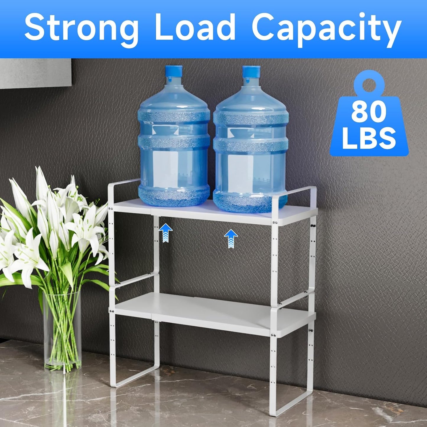 Expandable Cabinet Shelf Organizer, Stackable Kitchen Pantry Counter Storage, Adjustable Closet Cupboard Stand Rack Risers Spice Organization 80LBS Heavy Duty White 3 Pack