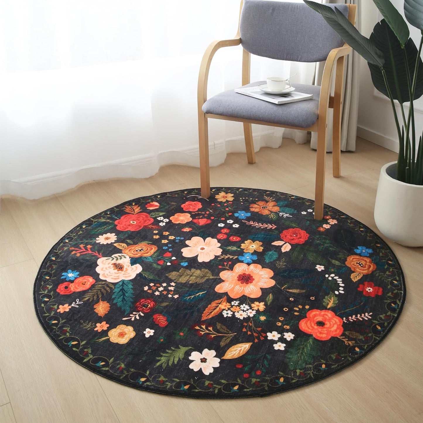 Round Rug 6ft Washable Circle Rug Non Slip Low Pile Boho Floral Small Circular Rug for Bedroom, Bathroom, Entryway, Kids Room, Office, College Dorm(Black)