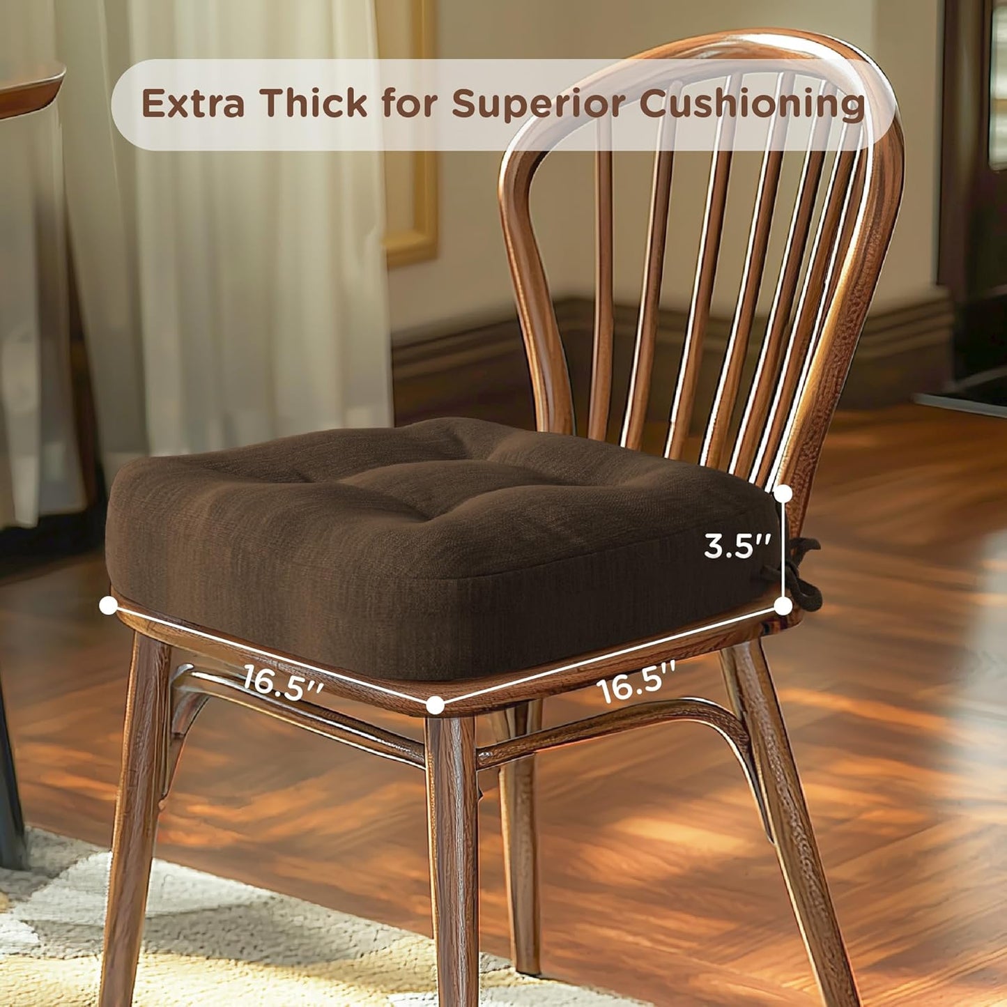 Codi Dining Chair Cushions 2 Pack, Thick Chairs Pads for Indoor Kitchen Room - Washable, Non-Slip Memory Foam Seat Cushion with Ties, 16.5"x16.5"x 3.5", Set of 2, Brown