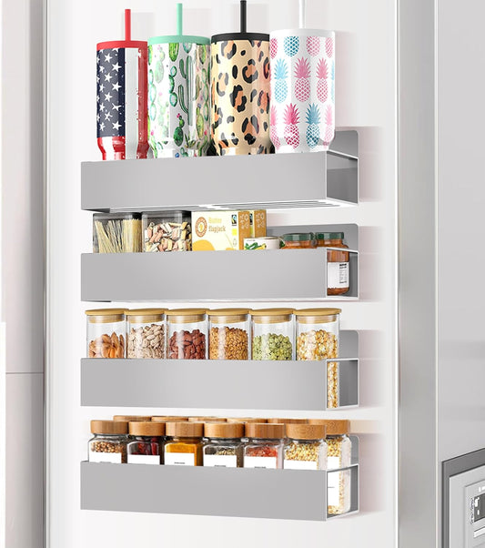Magnetic Spice Rack Organizer for Fridge Seasoning Organizer for Kitchen Storage With Screw Magnetic Shelf for Oven, RV,Garage,Bathroom (Grey, 4pack)