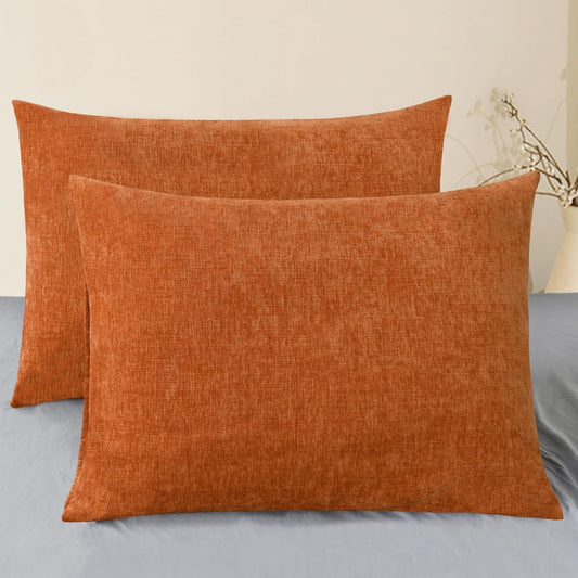 CaliTime Fall Throw Pillow Covers Decorative 20 X 26 Inches Pack of 2 Cozy Chenille Standard Pillow Shams Cases for Couch Sofa Bed Living Room Home Burnt Orange
