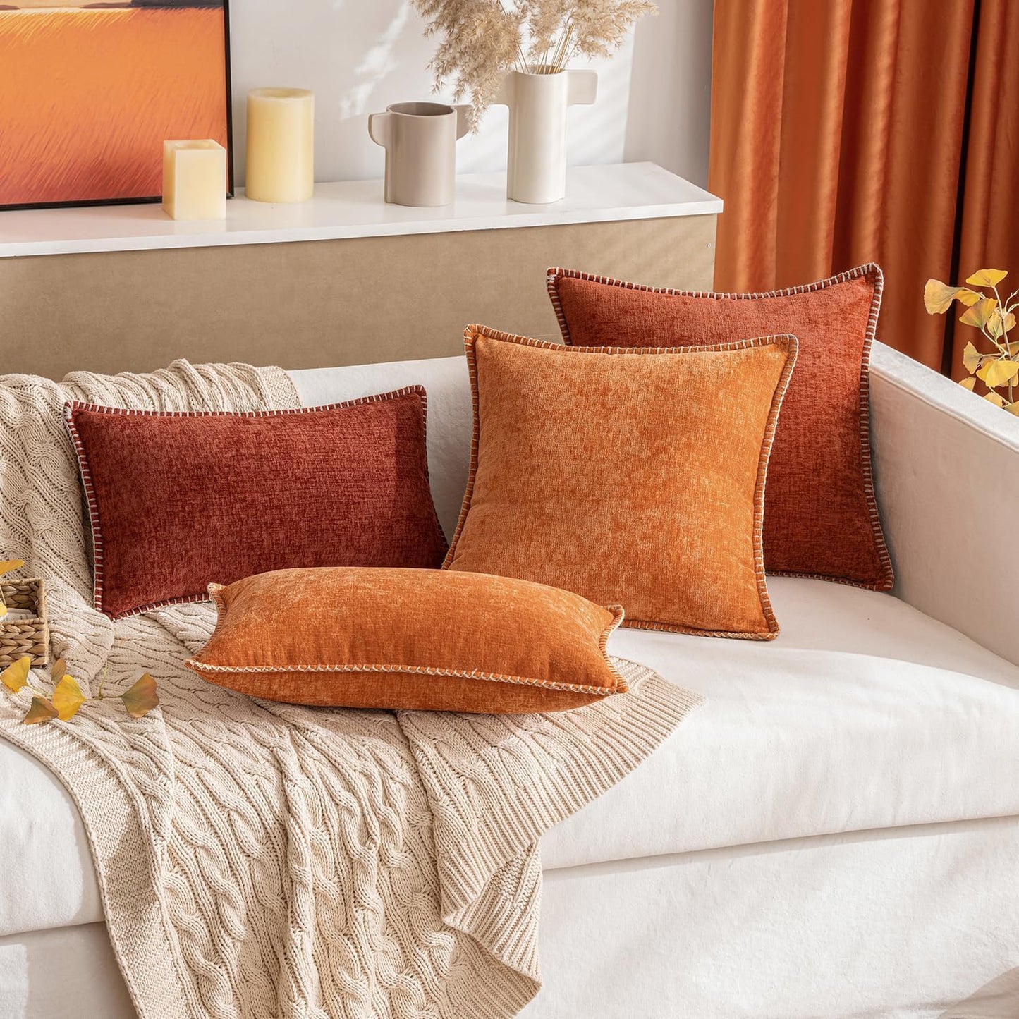 MIULEE Pack of 2 Fall Couch Throw Pillow Covers 18x18 Inch Orange Farmhouse Decorative Pillow Covers with Stitched Edge Soft Chenille Solid Dyed Pillow Covers for Sofa Bed Living Room