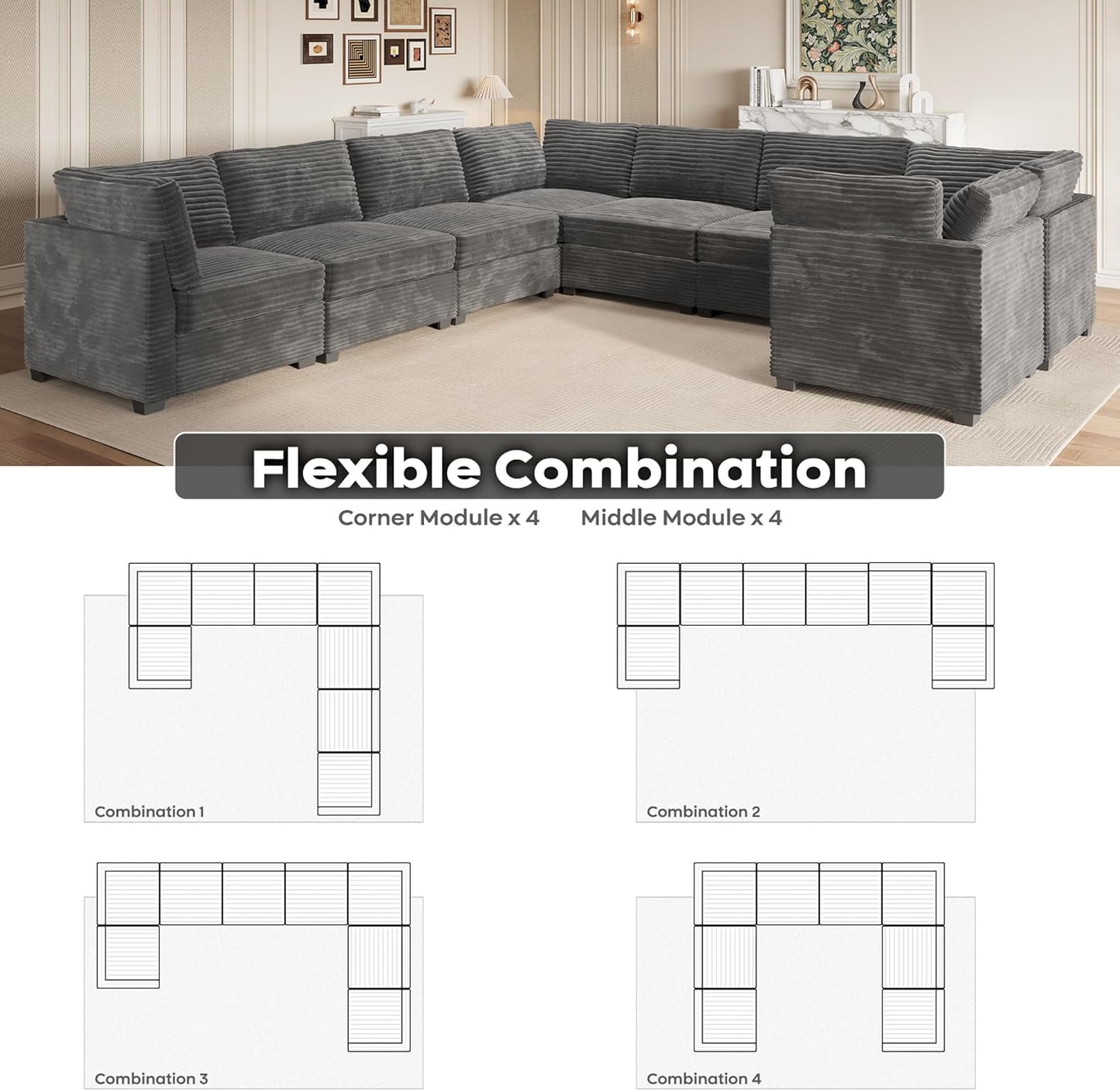 ovios Sectional Sofa Couch with U-Shape Chaise Oversized, Comfy Modular Cloud Couches with Deep Seat, Modern Upholstered Plush Corduroy Sofas Set for Living Room, 8-Seater, Grey