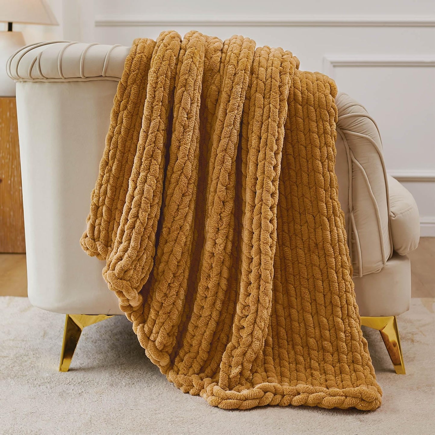 Esterra Chunky Knit Throw Blanket Newly Upgraded Heavy Tighter Version, Handmade Chenille Throw Super Soft, Thick Yarn Cable Knit Crochet Throw Blanket for Couch Bed Sofa (50"x60" Mustard Yellow)