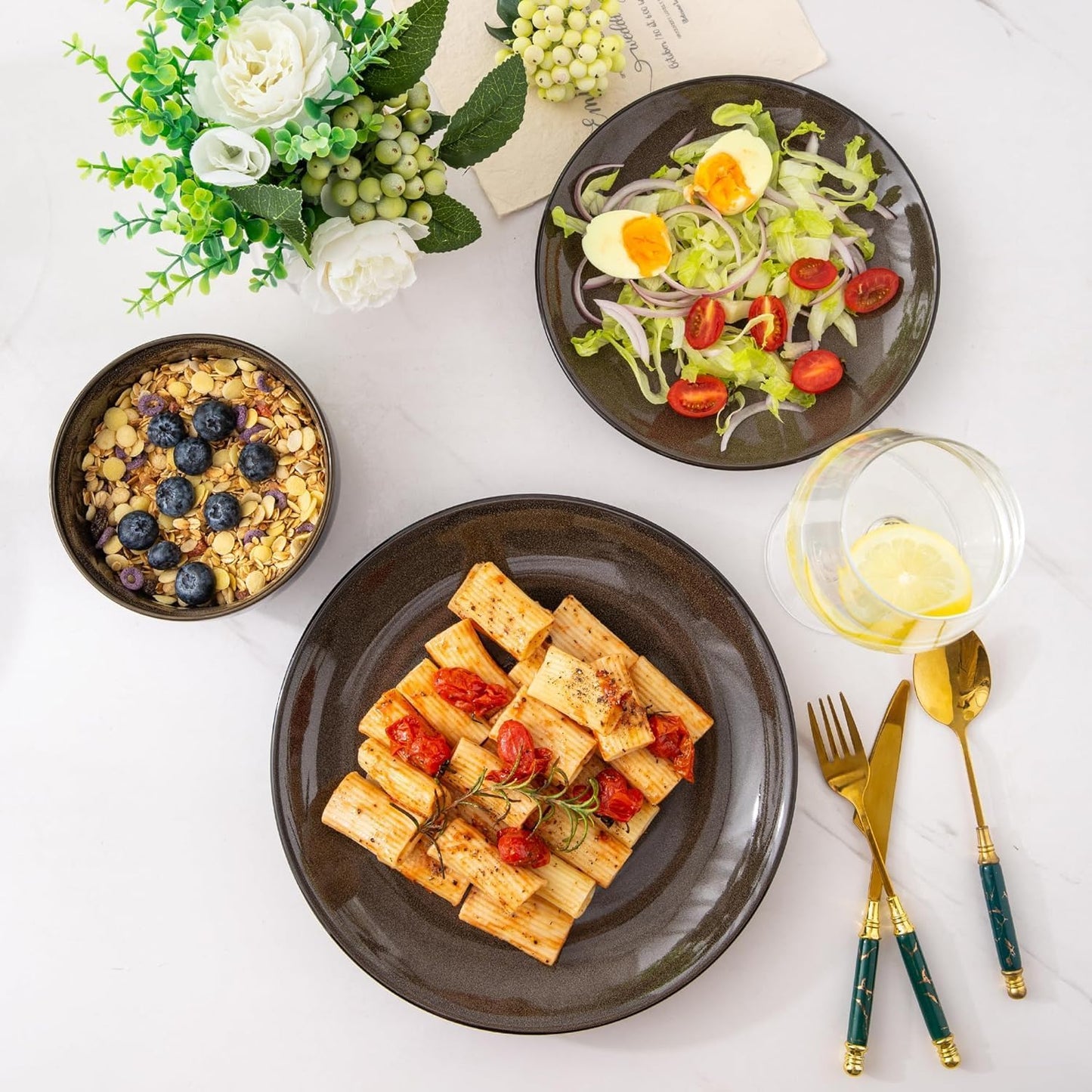 LeRatio Ceramic Dinnerware Sets for 6,Stoneware Plates and Bowls Sets,Handmade Reactive Glaze Dishes Set,Chip Resistant and Scratch Resistant | Oven&Dishwasher & Microwave Safe-Chestnut(18PCS)