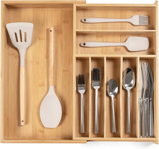 Premium Silverware, Flatware and Utensil Organizer for Kitchen Drawers, Food-Safe Contract Grade, Expandable from 10.5 to 19 In, Natural Bamboo
