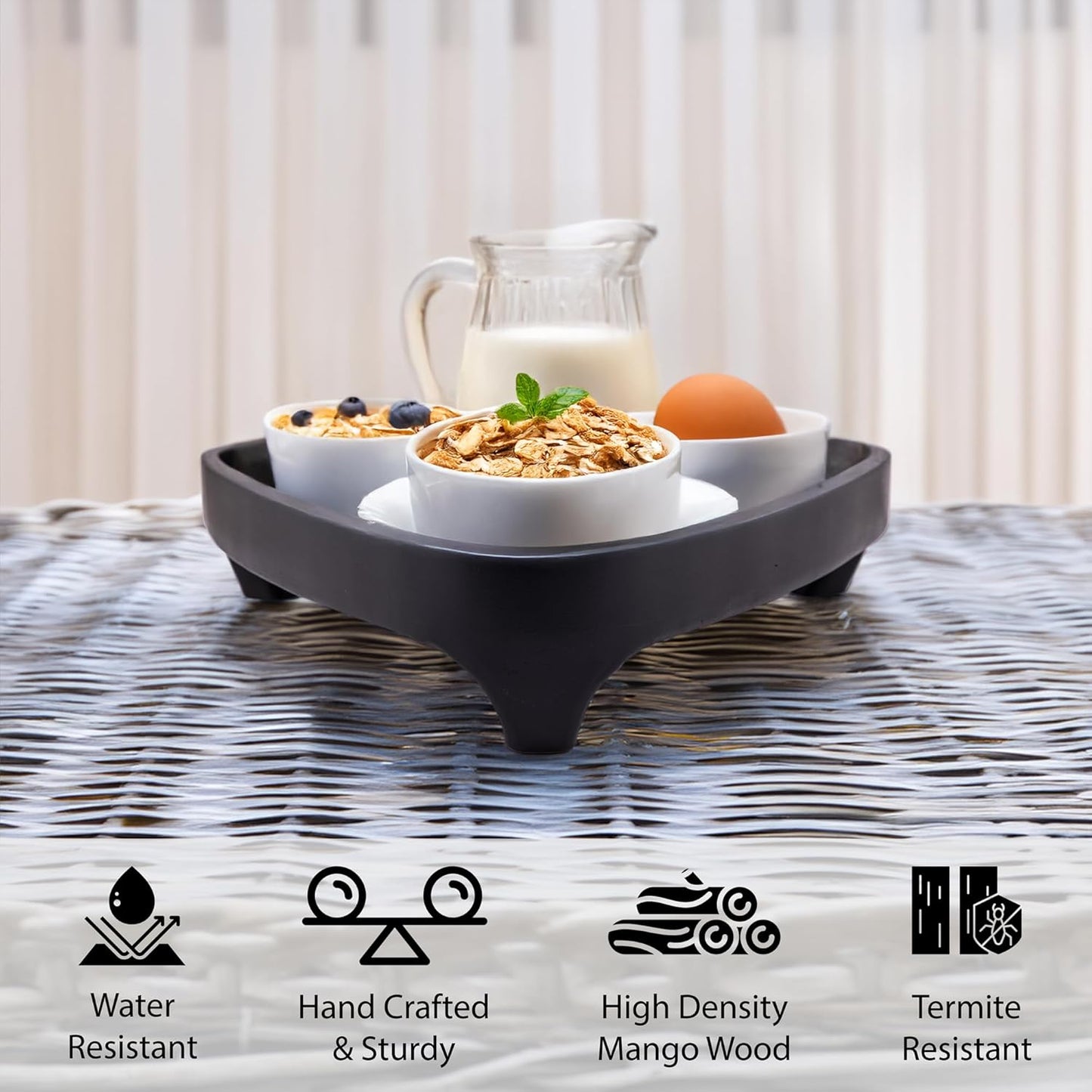 Mango Wood Serving Triangular Tray – 12x11.5x3.25 Inch Decorative Tray for Serving in Bed, Appetizers, Table, BBQ, Patio, Party – Perfect for Lap and Couch Use, Matt Finish, Black