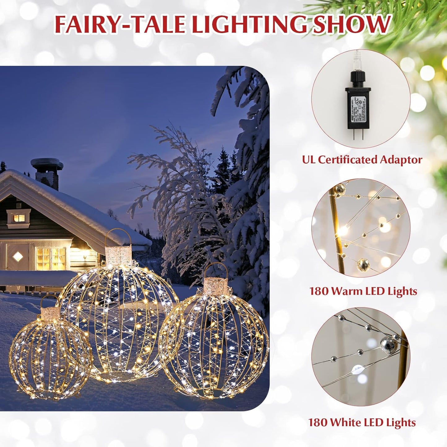 Tangkula Christmas LED Light Balls for Tree (3 Pack), Outside Lighted Sphere with 180 Warm White & 180 Cold White Lights, Holiday Lighted Decorations, Christmas Sphere Balls for Indoor Outdoor Decor