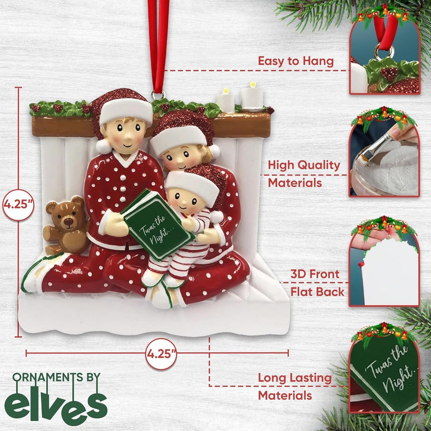 Fireplace Family of 3 Christmas Ornament 2025 Personalized Family Christmas Ornaments 2025 | Bedtime Reading w/Teddy Personalized Tree Ornaments Customizable Gifts Matching Pajamas of Three Ornament