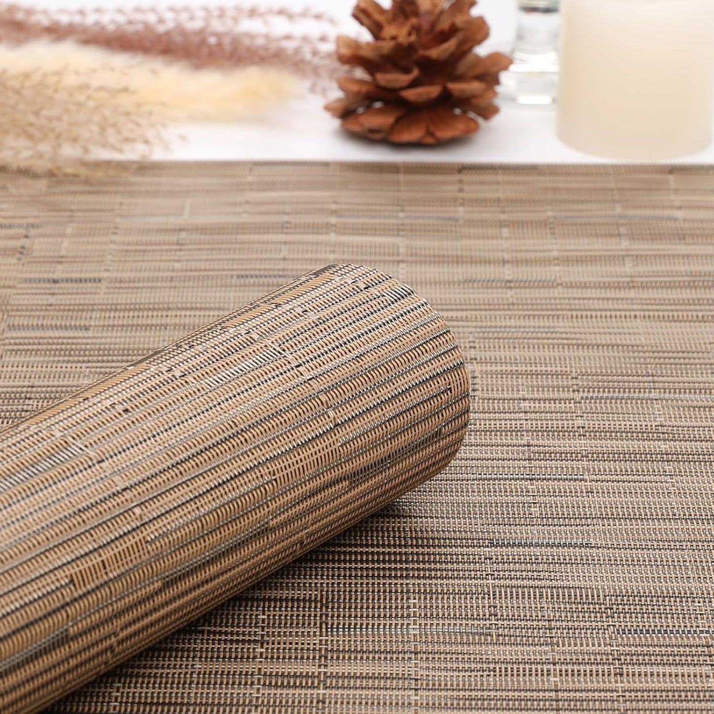 Myir JUN Placemats Set of 4, Vinyl Woven Placemats Place Mats Indoor Set of 4 Washable Table Mats Non-Slip Place mats for Dining Table (Light Brown, Set of 4)