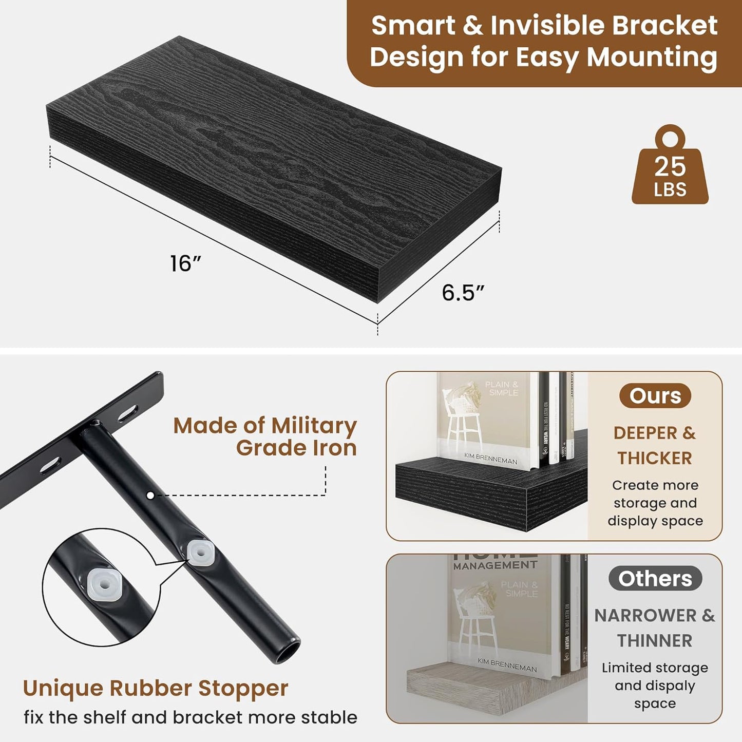 fuqing Floating Shelves for Wall, Bathroom Shelf Wall Mounted for Storage, Shelves with Invisible Bracket for Bedroom, Kitchen, Living Room, Farmhouse Small Book Shelf, 16 Inch Set of 2, Black